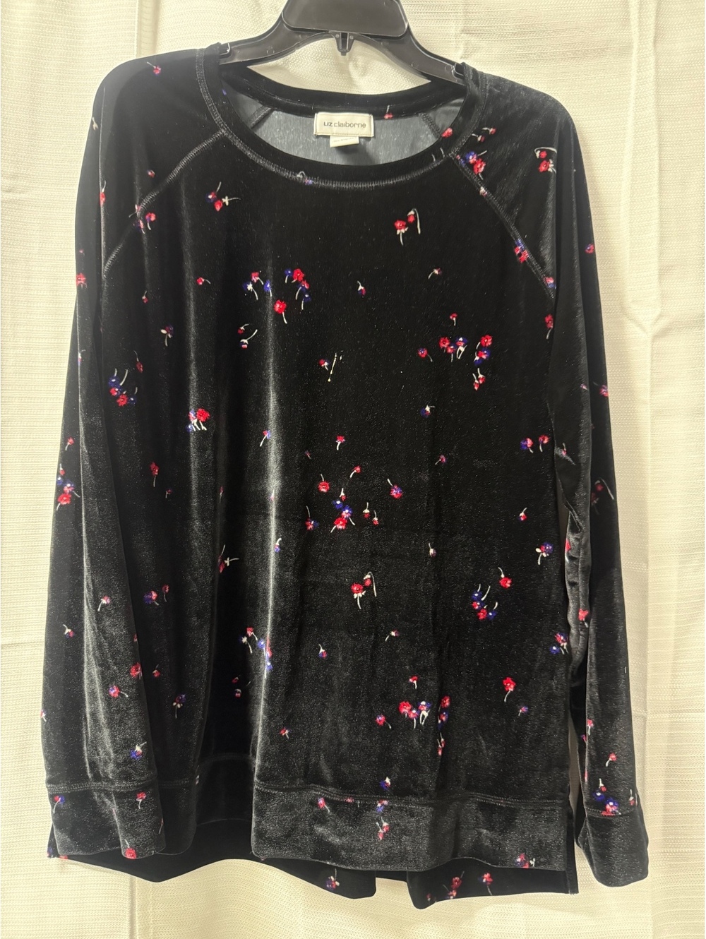 Liz Claiborne Black Velvet Floral Pullover Sweatshirt XL